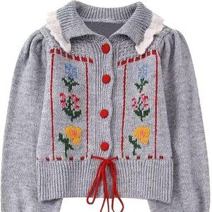 Red-Grey Buttoned Pull Tie Collared Cardigan Sweater One Size